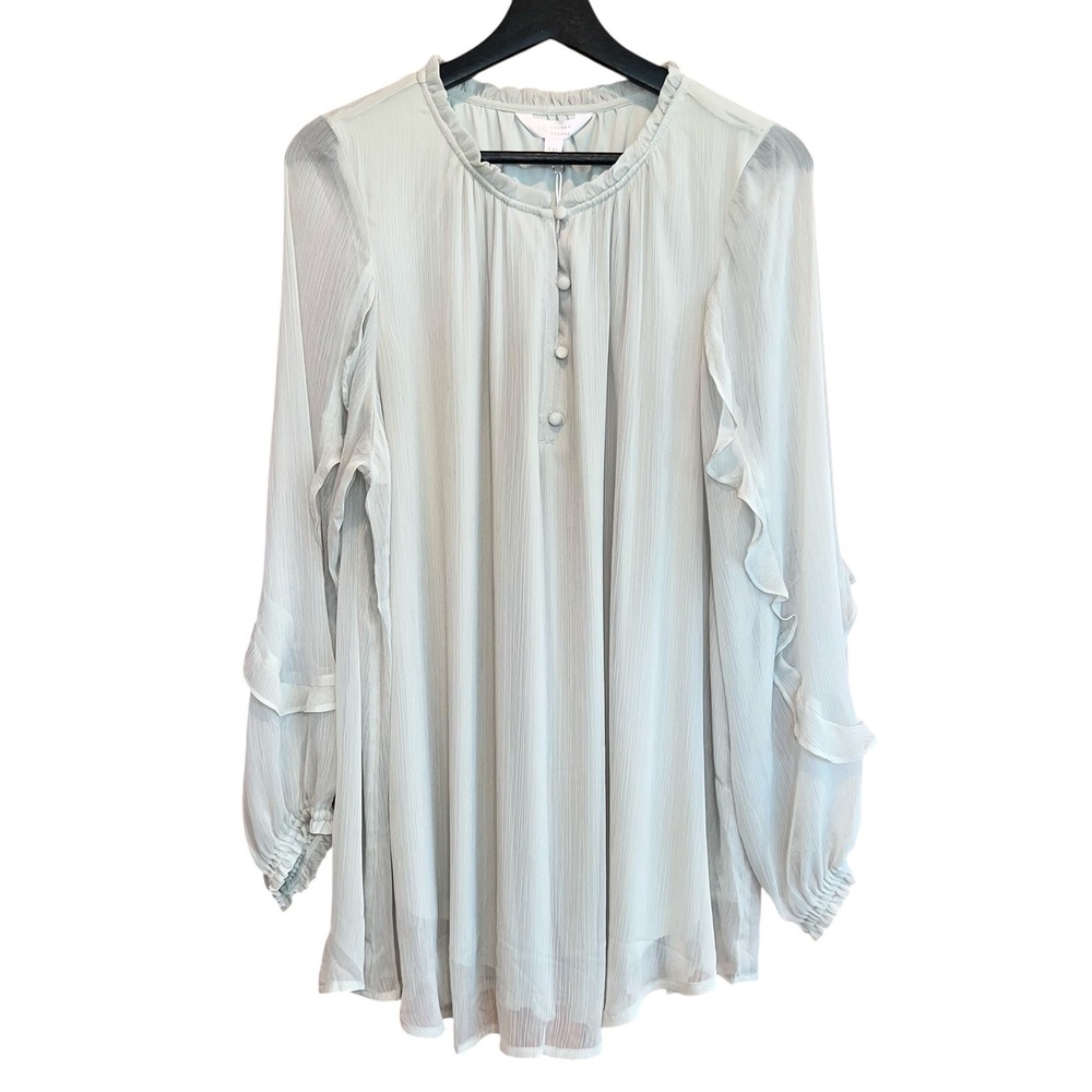 LC Lauren Conrad Tunic Top Womens XXL Mint Green Ruffle Long Sleeve Sheer Lined